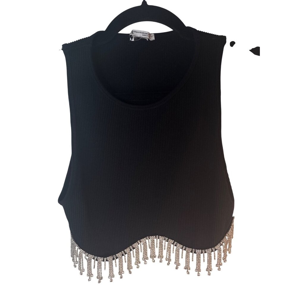 2/$30 ZARA Ribbed XS-S  Black Tank Top With Rhinestone Fringe Hem - Picture 8 of 11